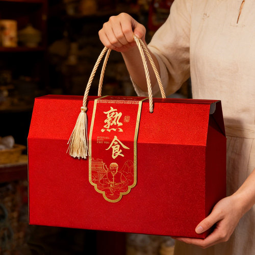 熟食包装盒腊味包装空盒特产红色烫金流苏手提牛肉生鲜礼盒定制