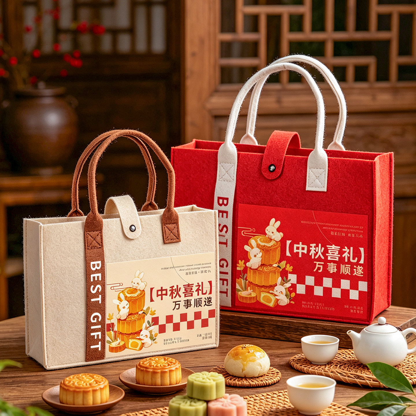 月饼包装盒空盒高档中秋礼盒毛毡手提袋定制LOGO企业团购9粒12粒