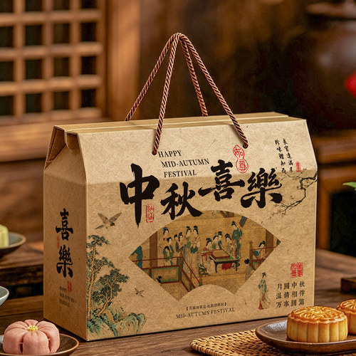 高档中秋月饼盒蛋黄酥2026新款包装盒牛皮纸手提礼盒空盒定制logo