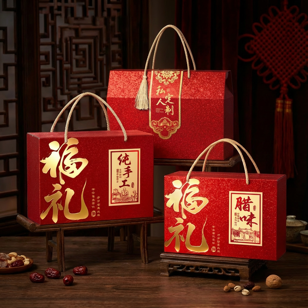 新年礼盒送礼卤味土特产坚果贺新年腊味腊肠牛肉包装空盒定制文字