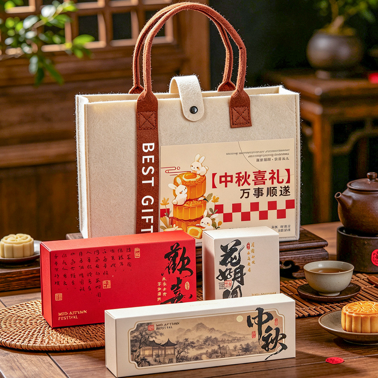 2026礼品袋新款月饼包装盒毛毡包定制中国风手提盒子中秋礼盒空盒