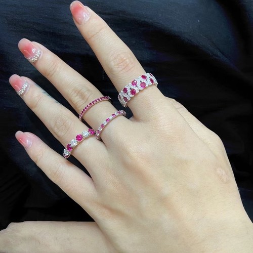 实验室培育红宝石戒指女款925纯银镀白金人工合成宝石排戒食指环