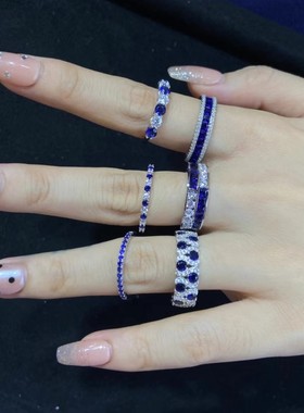 实验室合成蓝宝石戒指女纯银镀白金人工培育彩色宝石排戒指环食指