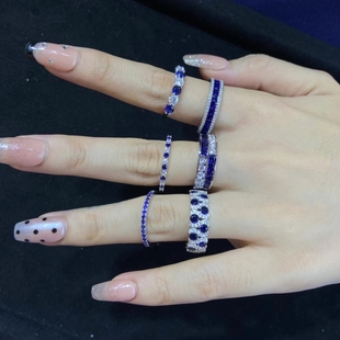 实验室合成蓝宝石戒指女戒925纯银镀白金人工彩色宝石排戒指环