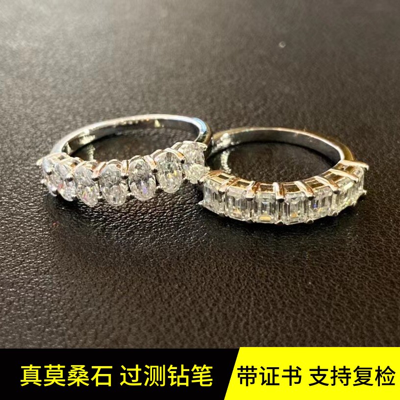 椭圆形莫桑石排钻戒指女纯银镀白金蛋形排戒祖母绿切割半圈食指环