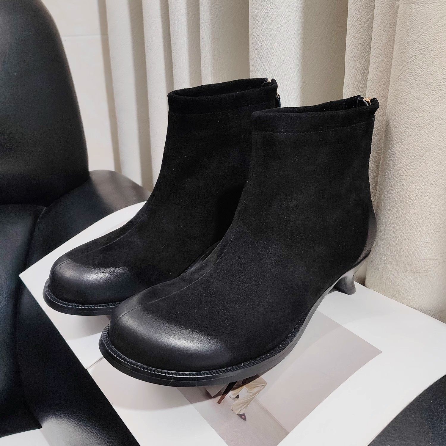 欧货2026秋冬百搭后拉链真皮低跟短靴加绒马丁靴女靴子粗跟单靴女,女鞋,时装靴,淘宝优惠券,粉丝福利购,淘宝优惠卷