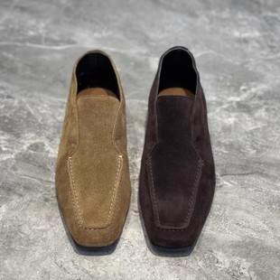 真皮方头平底磨砂皮穆勒鞋女极简小众设计感一脚蹬深口单鞋乐福鞋