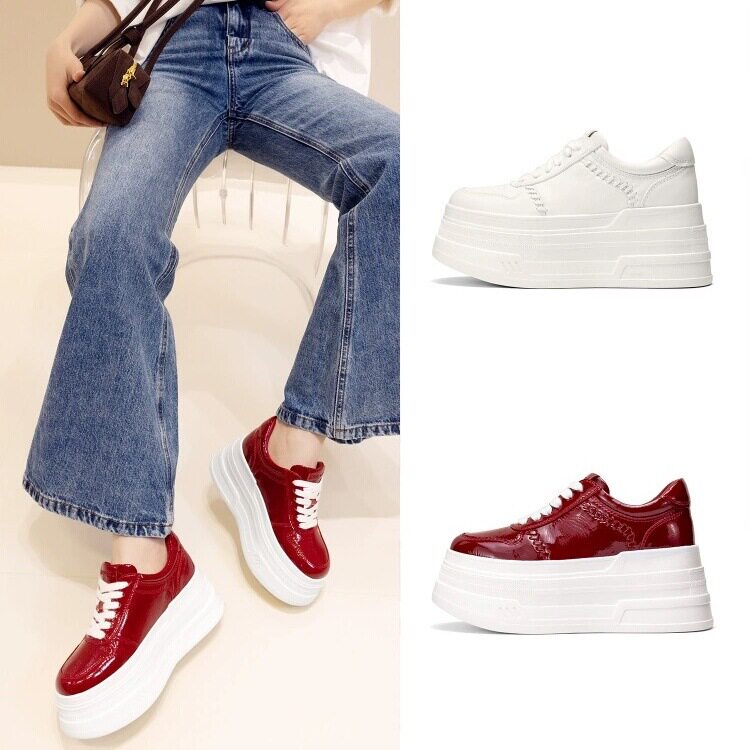 2026春新款松糕厚底真皮小白鞋增高6cm新年红小个子系带休闲鞋女