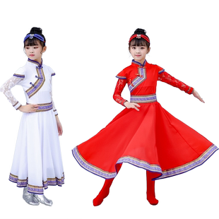 儿童新款蒙古演出服装小女孩草原蒙族表演服饰鄂伦春族连衣裙套装