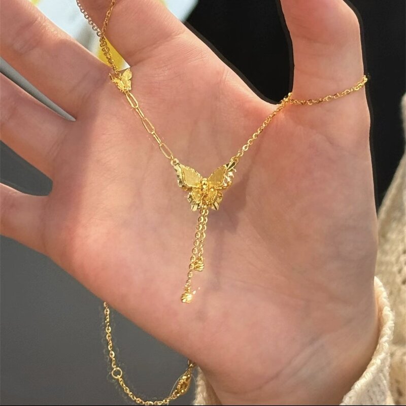 铜合金吊坠 金色立体蝴蝶吊坠流苏项链女款中古锁骨链小众设计感