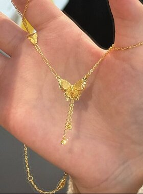 铜合金吊坠 金色立体蝴蝶吊坠流苏项链女款中古锁骨链小众设计感