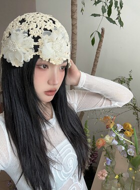 自制韩系夏季花朵套头帽显脸小手工钩织镂空包头帽个性百搭帽子
