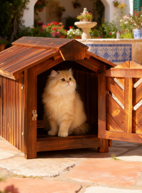 别墅户外实木猫窝防雨防晒木头猫屋四季通用室外防腐木狗窝小型犬