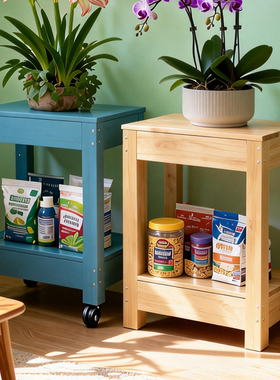 室内客厅双层承重防腐木花架鱼缸架子带滑轮阳台花盆置物架可移动