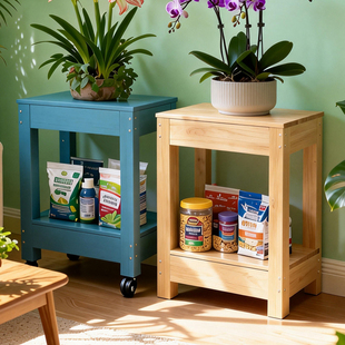 室内客厅双层承重防腐木花架鱼缸架子带滑轮阳台花盆置物架可移动