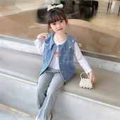 宝宝荷叶领儿童花边领订珠牛仔马甲外穿童装 女孩坎肩洋气小童女孩