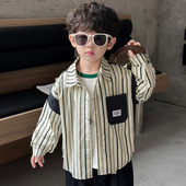 童装 口袋贴标条纹拼色衬衫 衣服小童衬衣洋气小童宝宝 长袖 儿童春季