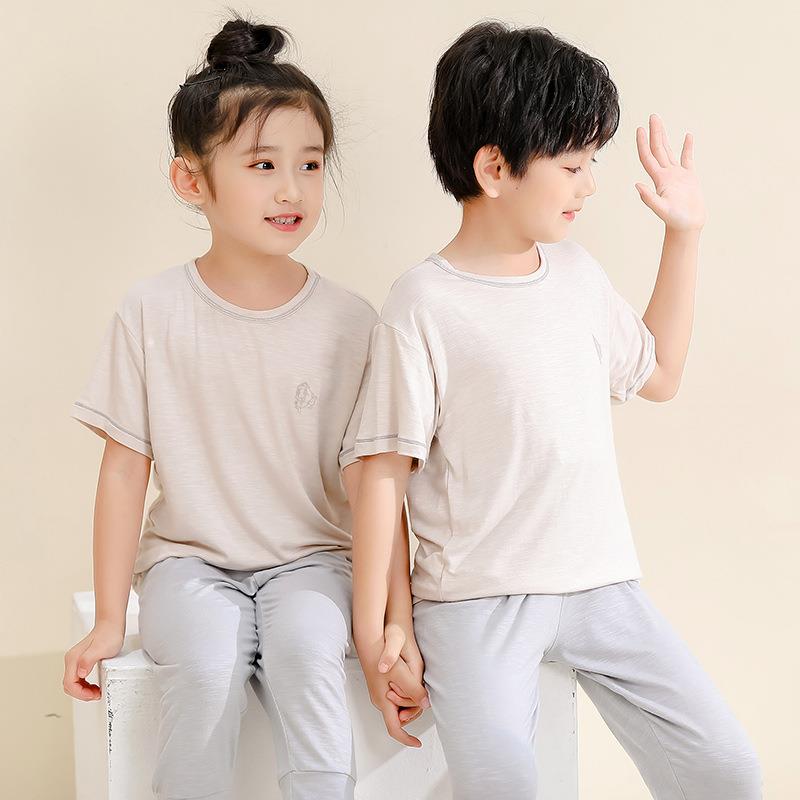 儿童睡衣竹节冰丝薄款男女童短袖长裤夏季家居服中大童空调服套装