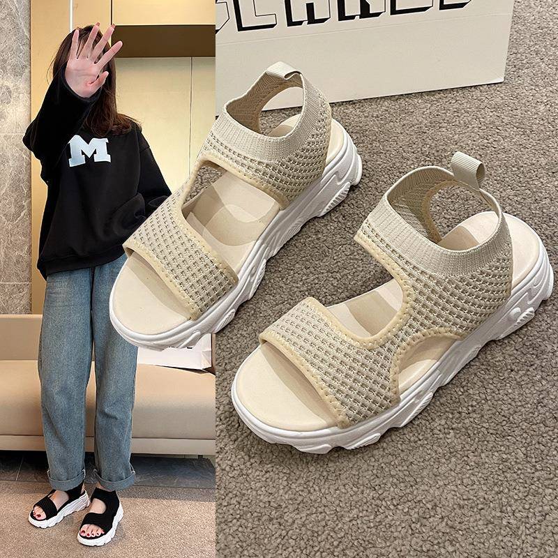 外贸大码运动凉鞋女新款透气飞织网布鱼嘴女鞋松糕厚底沙滩凉鞋女