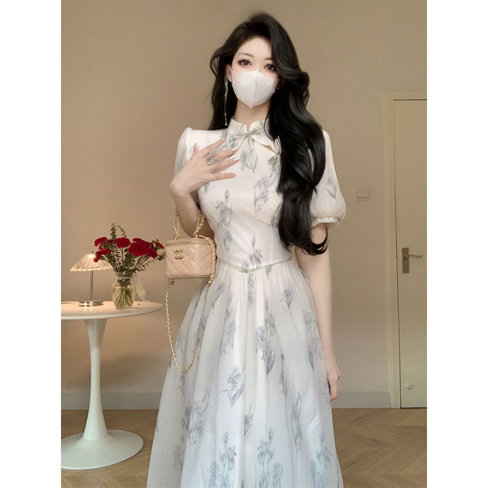 绝美茶歇国风新中式改良旗袍连衣裙高端精致仙女气质收腰碎花长裙