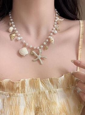 波西米亚夏季沙滩仿珍珠海星海螺项链女首饰项饰百搭饰品欧美跨境