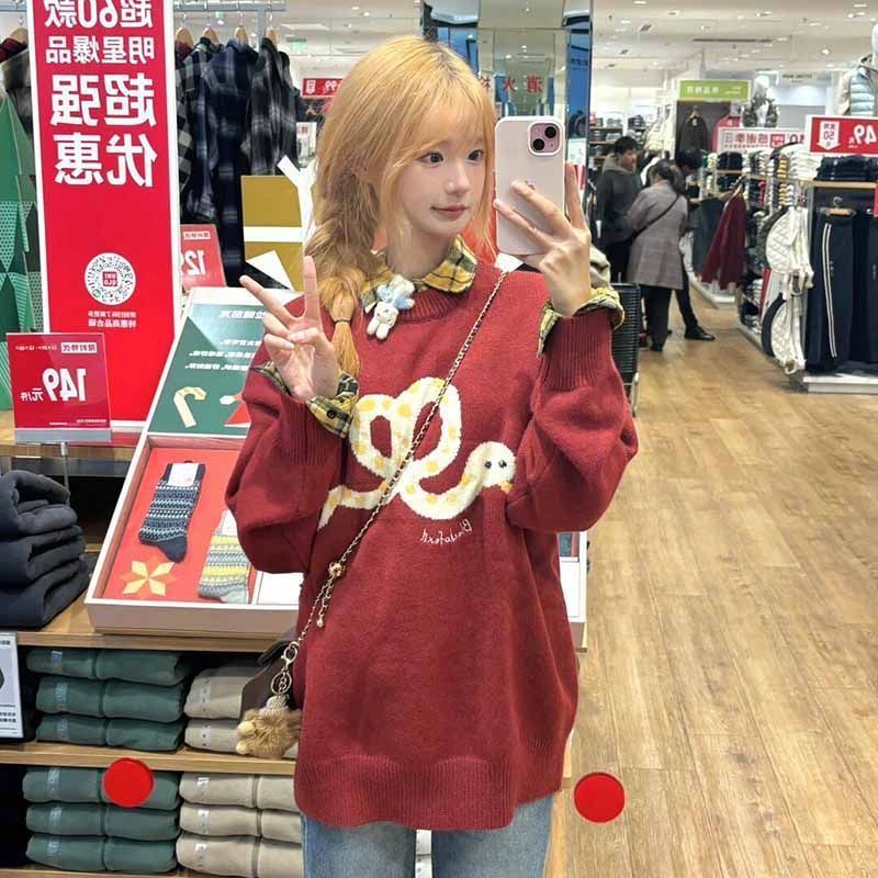 秋冬季新年红色蛇年提花套头毛衣女学生韩系甜美宽松保暖针织上衣