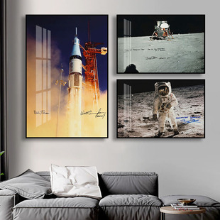宇航员火箭航天壁画nasa阿波罗登月挂画工业风月球表面摄影装饰画