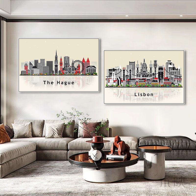 国外城市建筑空间壁画撞色线条简约挂画美式客厅卧室床头装饰画图片