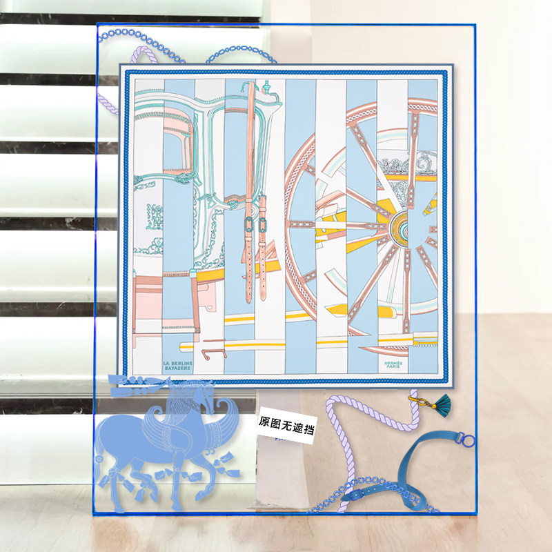 复古轻奢亚克力马车丝巾装饰画蓝色系客厅玄关挂画高级感卧室壁画