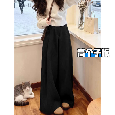 高个子MM黑色毛呢阔腿裤女春秋