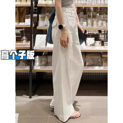 高个子加长白色亚麻阔腿裤女夏季
