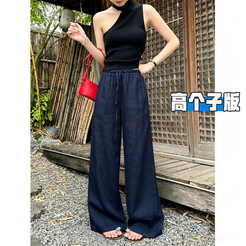 透气不贴身！高个子藏青色亚麻裤