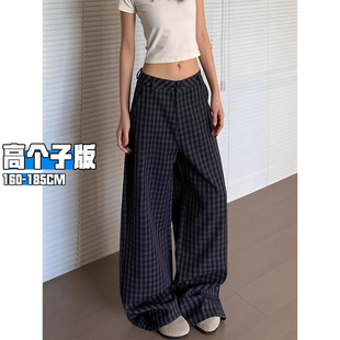 阔腿裤 宽松加长拖地西装 子 女2025春秋新款 高个子超长藏青色格子裤