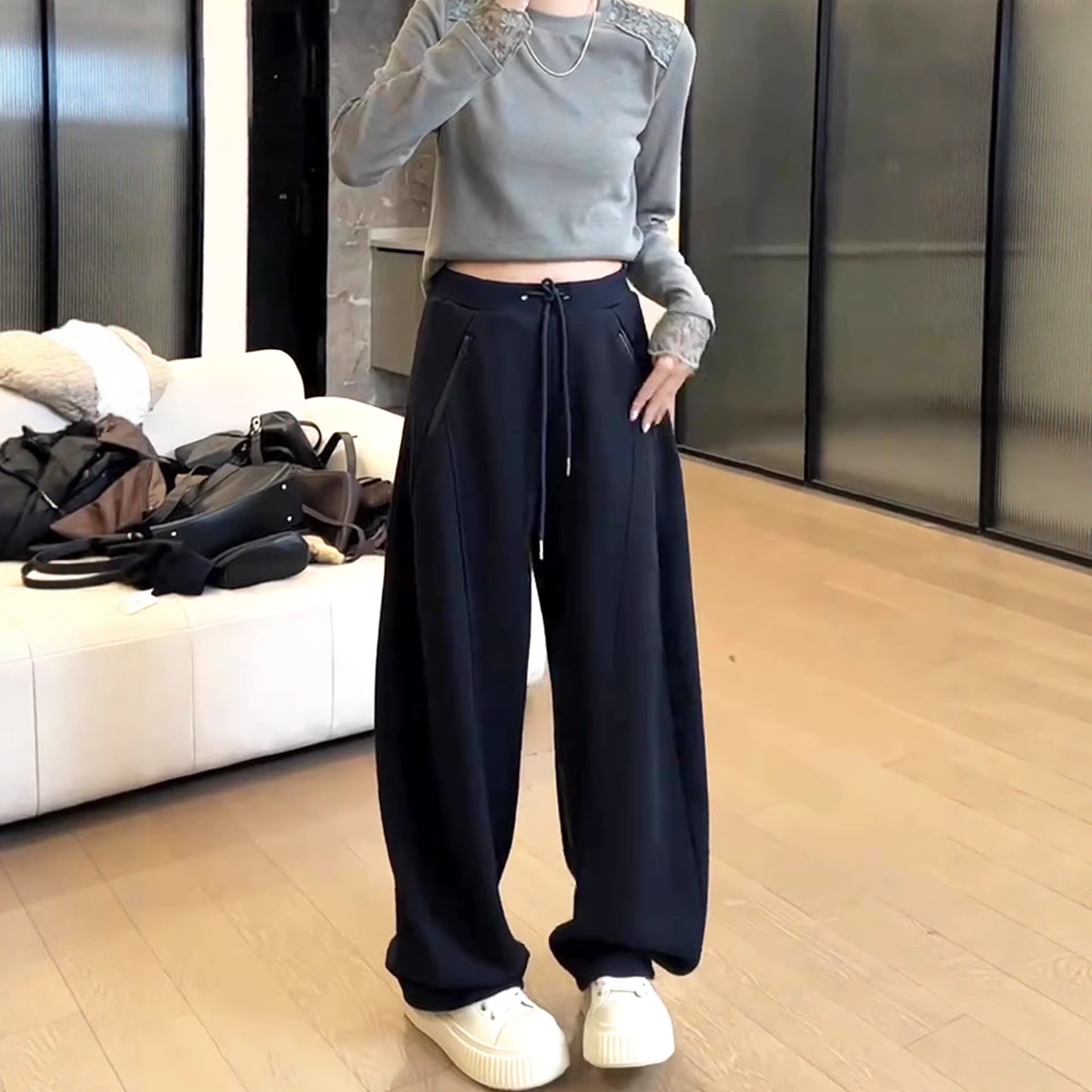 高个子加长藏青色弯刀阔腿裤女2026春秋新款高腰宽松抽绳运动卫裤,淘宝优惠券,粉丝福利购,淘宝优惠卷