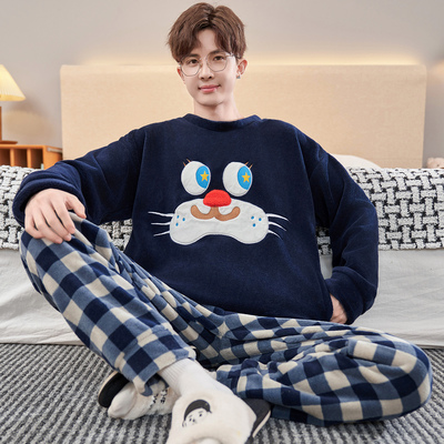 全棉纯棉秋冬季珊瑚绒睡衣男士加绒加厚男款加大码青少年法兰绒家