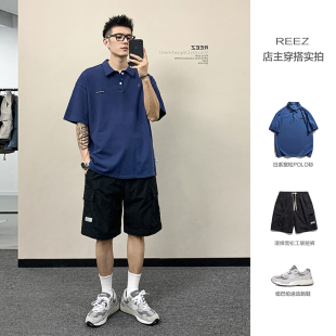 店主穿搭 日系休闲短袖 POLO衫 潮 REEZ 男夏季 翻领潮牌体恤五分袖