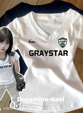 正肩美式V领短袖夏季显瘦修身insT恤新款小众设计感辣妹上衣