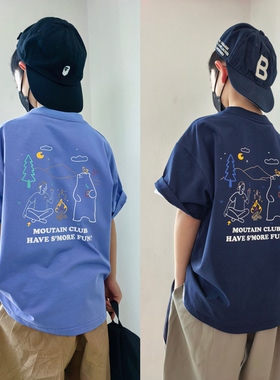 26春夏儿童户外插画小熊短袖T男童女童紫色上衣中大童圆领百搭t