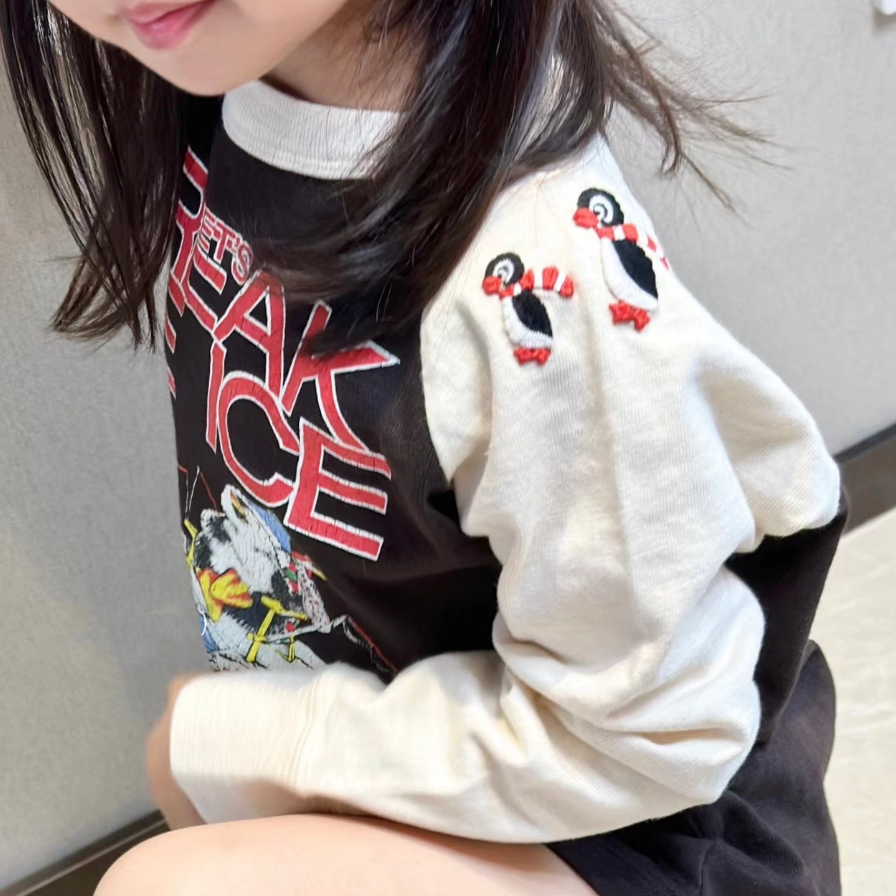 童装上衣秋季长袖t恤企鹅刺绣