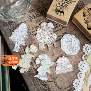 复古礼赞榉木印章文艺可爱卡通人物手帐DIY装 饰素材少女少年印画