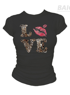 复古美式修身短袖T恤女辣妹甜酷风豹纹印花减龄显瘦正肩上衣