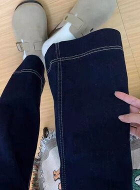 深蓝色丹宁复古微喇牛仔裤女秋冬季新款直筒裤高腰马蹄喇叭裤