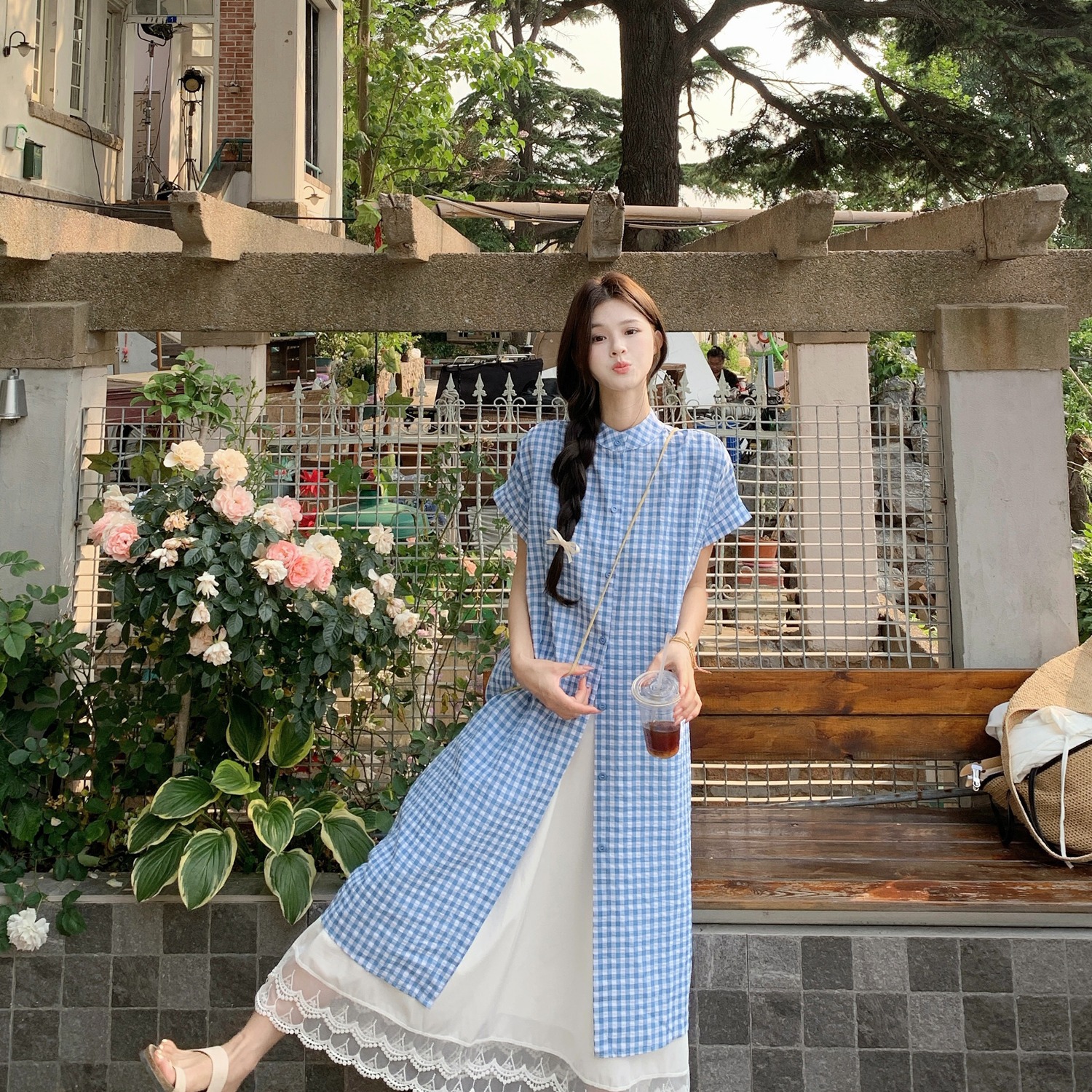 Work 32day 格子长款设计度假风短袖衬衫休闲衬衣裙+松紧腰半身裙