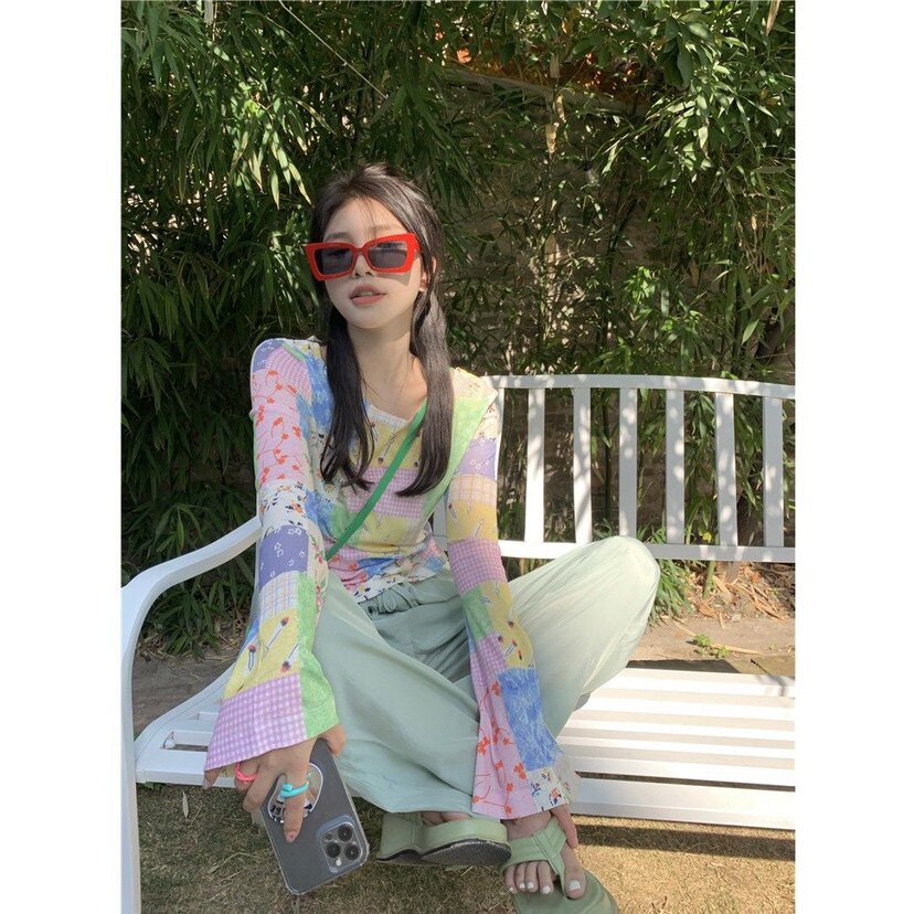小众品牌鬼马少女拼接印花打底衫设计感防晒上衣夏季长袖T恤女ins
