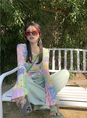 小众品牌鬼马少女拼接印花打底衫设计感防晒上衣夏季长袖T恤女ins