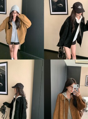 复古麂皮绒夹克长袖外套女2025秋季新款美拉德polo领宽松拉链上衣