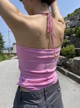 Minjiena韩国小众设计ins风粉色挂脖吊带露背小背心笑脸串珠抽绳