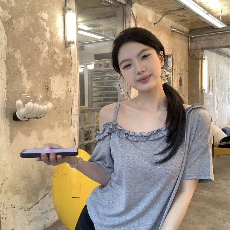 Work 32day 夏季新款韩版时尚百搭宽松显瘦减龄木耳斜边肩短袖T恤