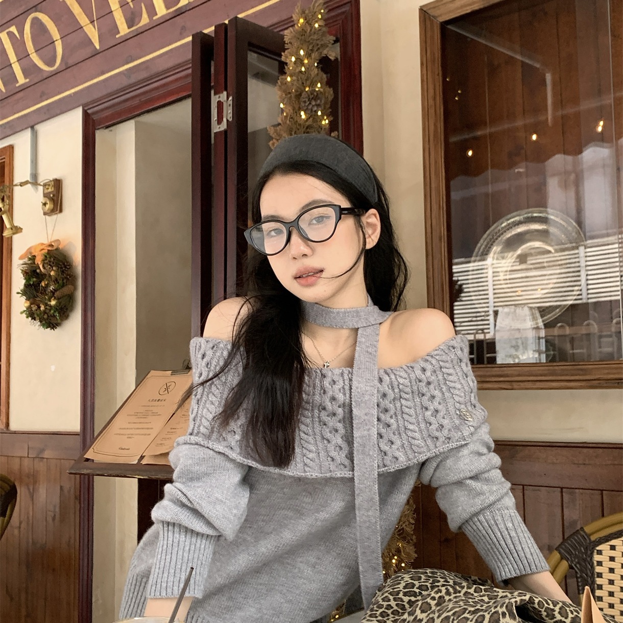 Work 32day秋冬麻花挂脖毛衣慵懒风修身设计感一字肩上衣针织衫