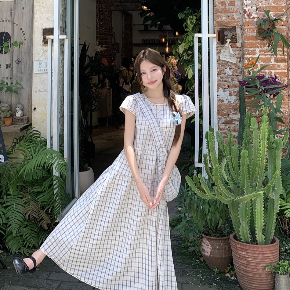 Work 32day 韩系短袖复古格子连衣裙中长款蕾丝花边甜美格纹裙子